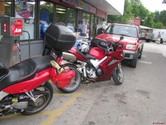 Gassing up and waiting out a rain storm