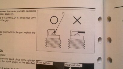 Manual has a warning picture on how to gap the plugs