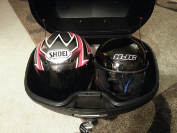 Givi Blade B47 holds XL Shoei 1100 and Med HJC CL12 helmet