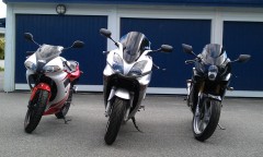 Yamaha TZR (my wifes) my bike, and my son's Hyosung GT125R.