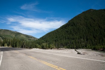 Highway 40 after the flood - fresh repairs beside the Highwood River