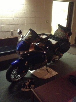 1st  nights stay, put bike in motel room, Evanston, Wyoming